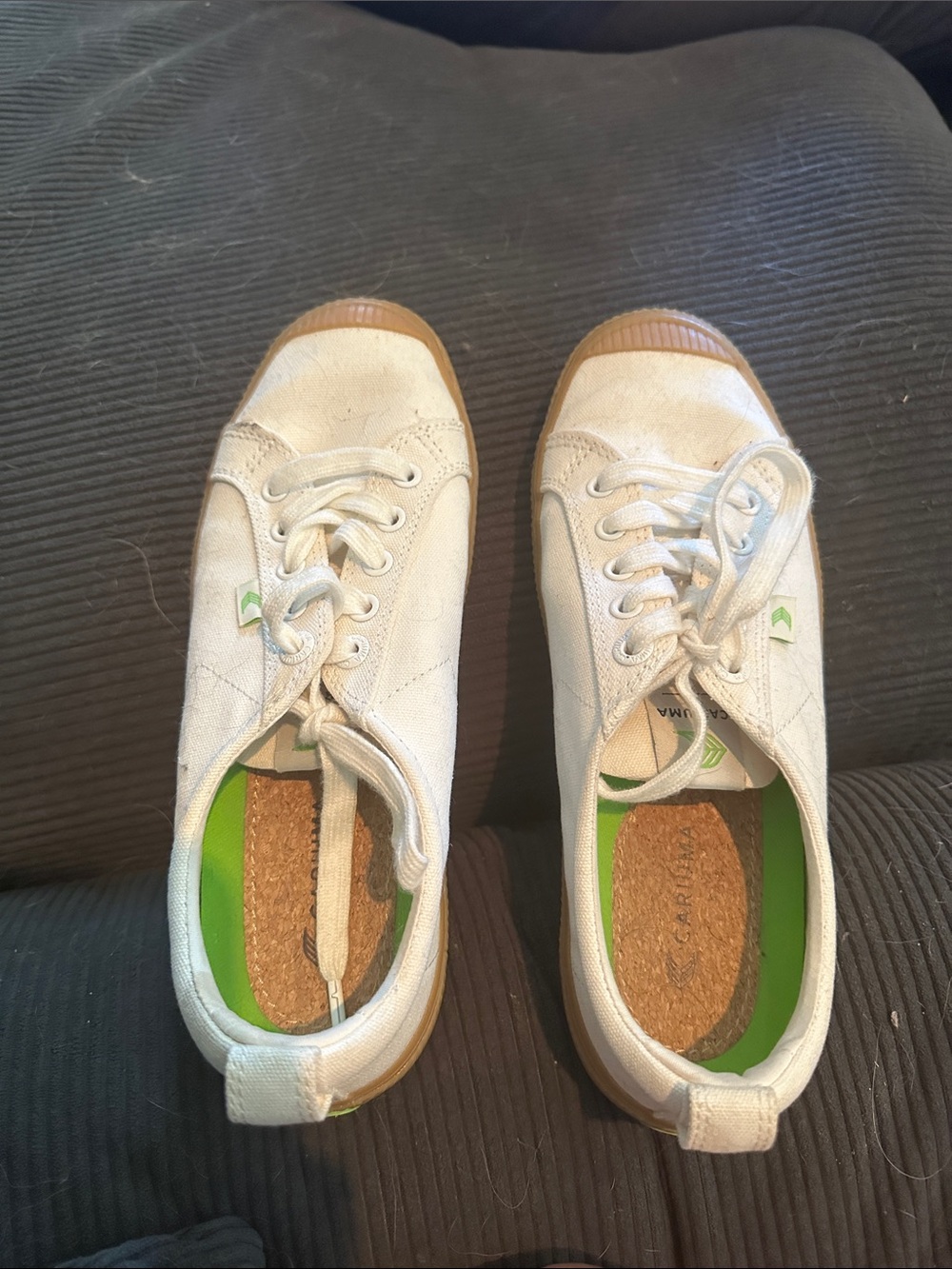 Cariuma White Canvas Sneakers with Gum Toe and Lime Green Insoles
